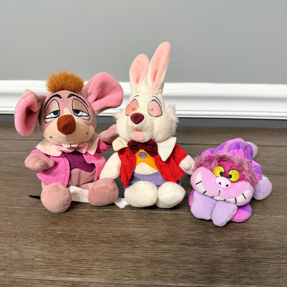 Disney Alice in Wonderland Plush Lot White Rabbit Cheshire Cat Dormouse 3pc Set